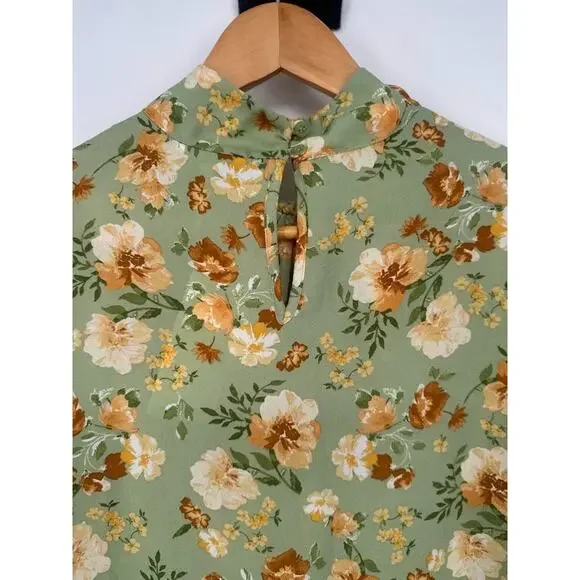 Pleione Women’s Medium Green Floral Long Sleeve Blouse Top Boho Romantic Cottage - Picture 3 of 8